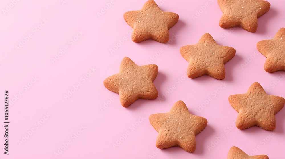 Close-up of gingerbread cookies shaped like stars, resting on a pastel pink background, soft shadows, warm tones, minimalist composition, high-resolution photo style Close-up of gingerbread cookies shaped like stars, resting on a pastel pink background, soft shadows, warm tones, minimalist composition, high-resolution photo style
