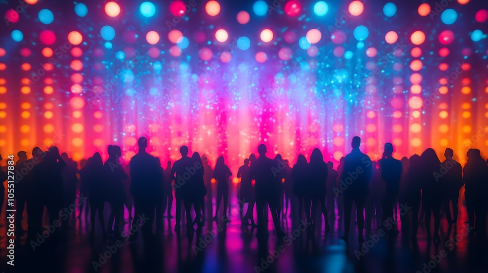 Abstract silhouettes of theatergoers, colorful spotlights reflecting, blurry concert stage in background, soft bokeh, psychedelic effect, vibrant hues Abstract silhouettes of theatergoers, colorful spotlights reflecting, blurry concert stage in background, soft bokeh, psychedelic effect, vibrant hues