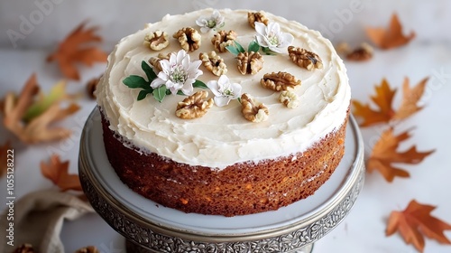 Wallpaper Mural A close-up shot of a beautifully frosted carrot cake adorned with walnut pieces and delicate edible flowers, placed on a vintage cake stand, surrounded by falling leaves to embody the autumn theme. Torontodigital.ca