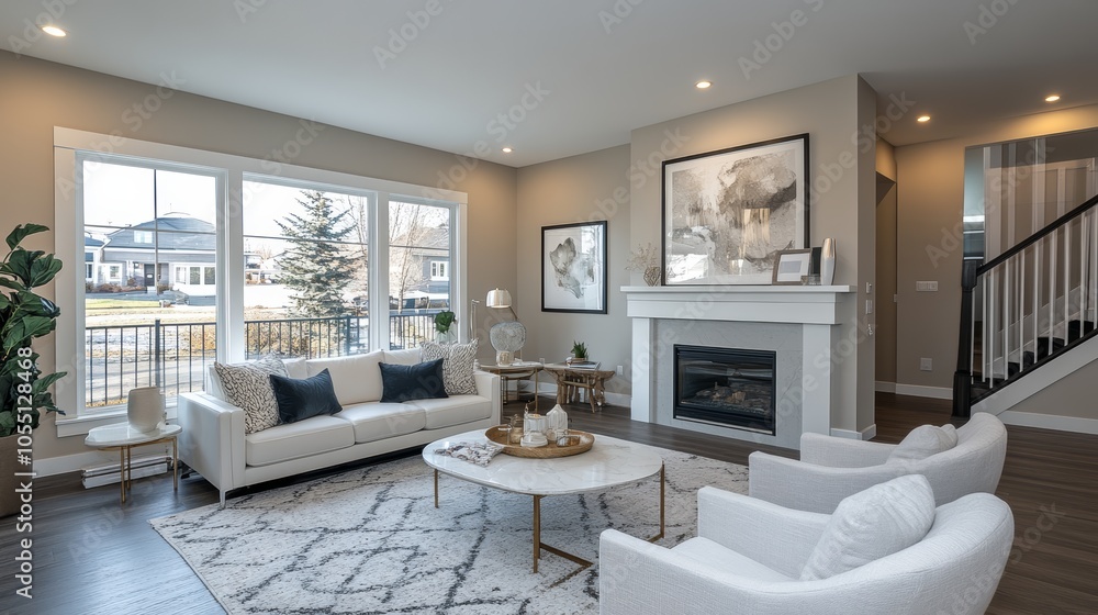 Fototapeta premium A modern living room with a white couch, two white armchairs, a coffee table, a fireplace, a rug, and a large window.