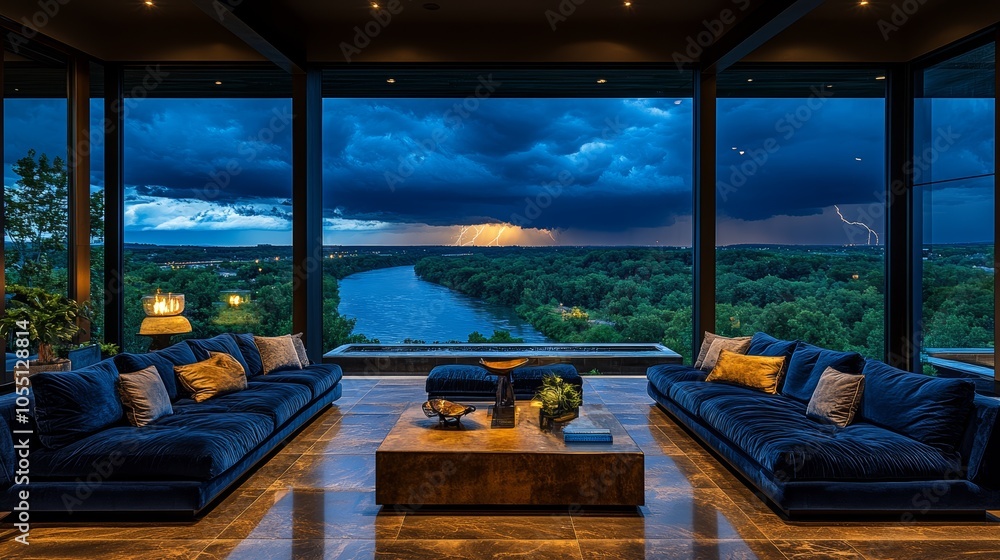 A modern living room with floor-to-ceiling windows showcasing a stunning view of a river with a lightning storm in the distance. A modern living room with floor-to-ceiling windows showcasing a stunning view of a river with a lightning storm in the distance.