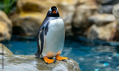 A penguin perched on a rock by a blue pool. photo