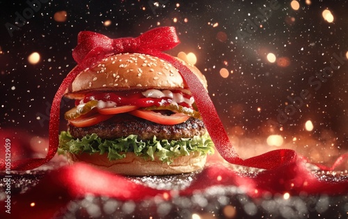 Festive Burger: A delicious, juicy burger wrapped in a vibrant red holiday ribbon like a gift, highlighting its rich colors and toppings against a soft background with a holiday theme