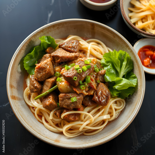 noodles with beef and vegetables on black table