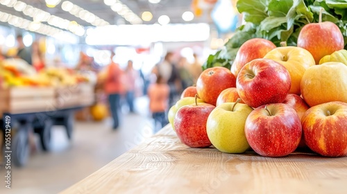 Close-up view of freshly picked apples and gourds arranged artfully on a wooden table, illuminated by soft, natural light that enhances their rich colors. The background features a blur of families