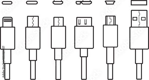 Usb cables icons. Electronic device input cable cords,
 internet charging wires signs, lightning micro usb 
types for mobile phone connector plugs