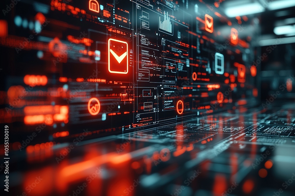 Obraz premium Futuristic red and blue digital interface with icons.