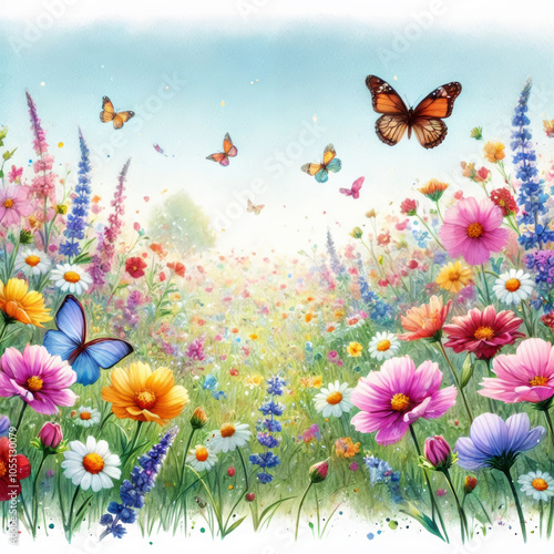 Rendition Stock _ Watercolor Illustration #0002638A _ Vibrant Wildflower Meadow