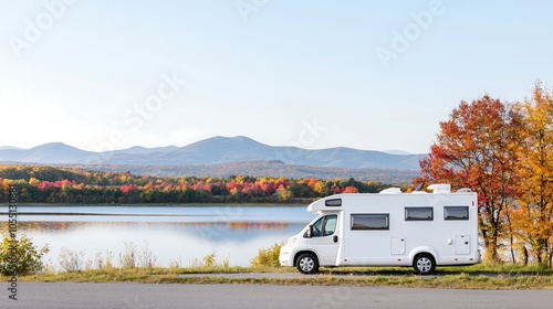 A camper van parked beside a serene lake, with mountains and colorful trees reflecting on the waters surface. The scene conveys a sense of freedom and exploration typical of autumn road trips,