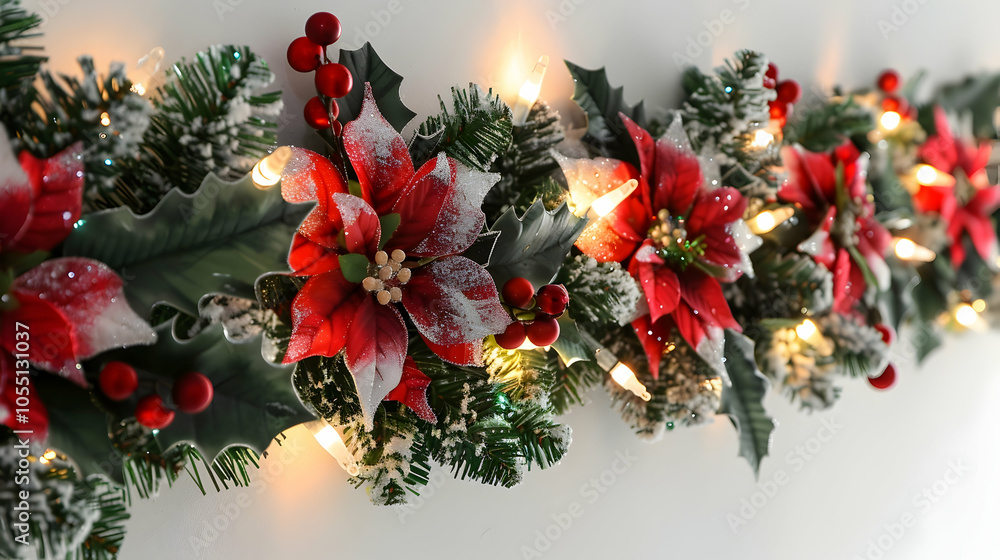 Christmas Garland with Red Poinsettia Flowers and Lights Christmas Garland with Red Poinsettia Flowers and Lights