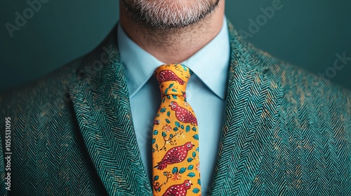 Whimsical turkey print tie in bright colors, ideal for a fun Thanksgiving celebration photo