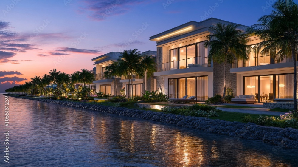 Modern Coastal Properties at Sunset with Palm Trees Modern Coastal Properties at Sunset with Palm Trees