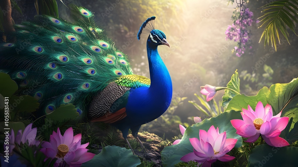 Majestic peacock amidst lush tropical flora Majestic peacock amidst lush tropical flora