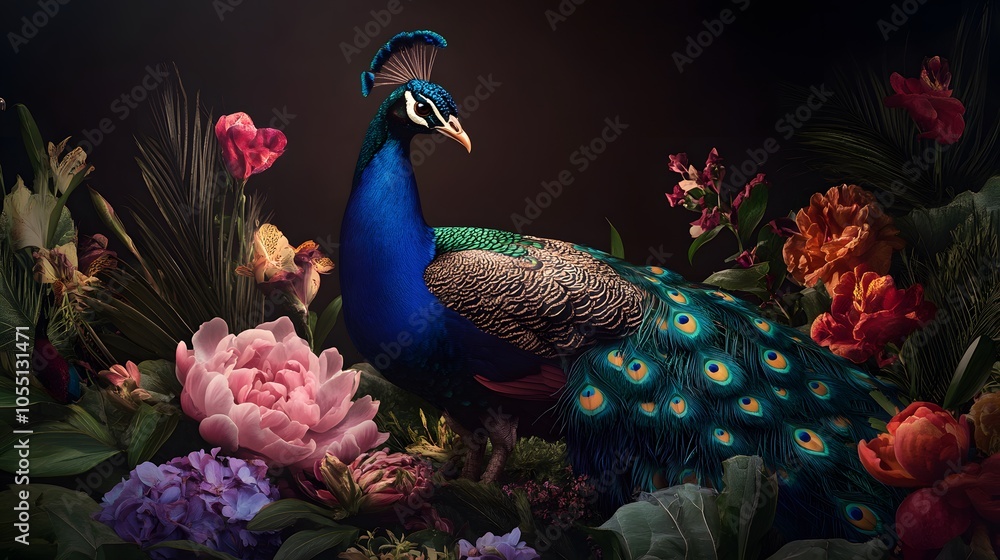 Fototapeta premium Vibrant peacock amidst lush floral splendor