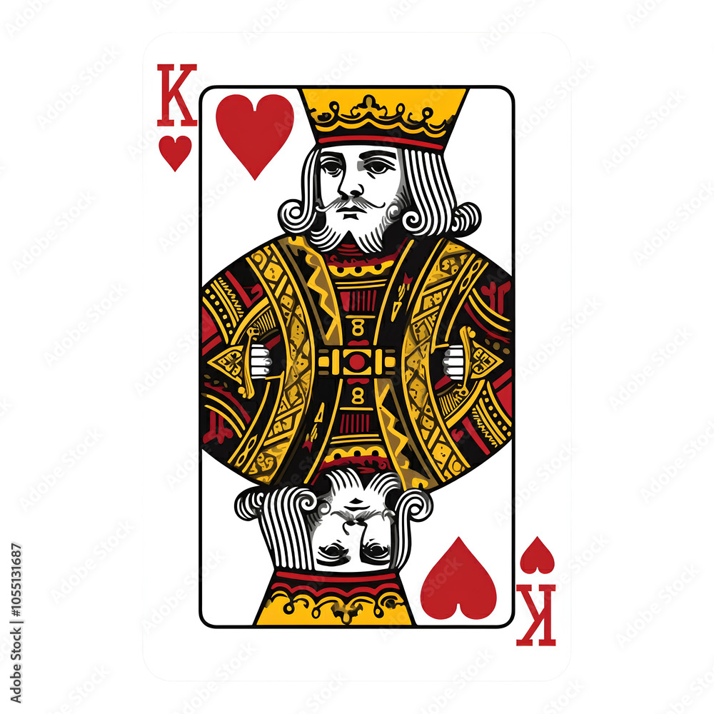 Fototapeta premium King of hearts playing card with intricate red, yellow, and black patterns, on a white background.