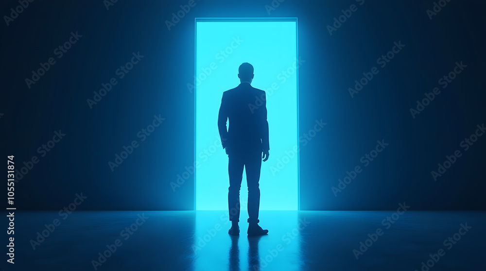Silhouette of a businessman standing in front of a door with light coming through it Silhouette of a businessman standing in front of a door with light coming through it