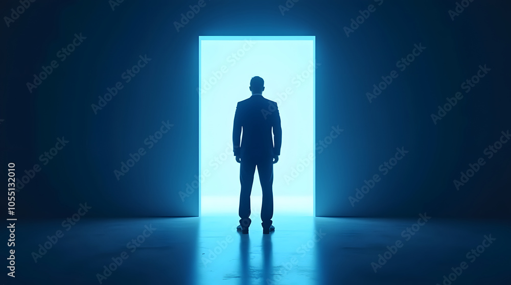 Silhouette of a businessman standing in front of a door with light coming through it Silhouette of a businessman standing in front of a door with light coming through it
