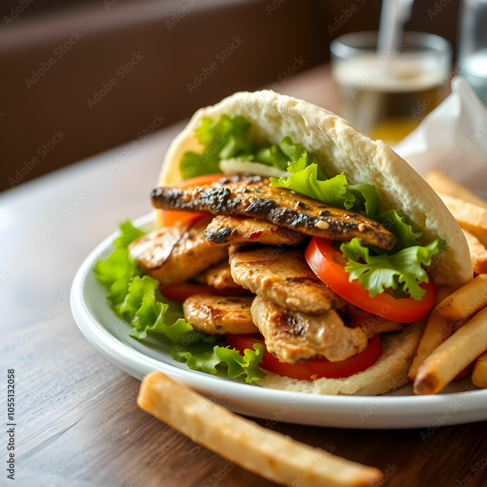 Side view doner with grilled chicken greens lettuce tomato and French fries on the table Side view doner with grilled chicken greens lettuce tomato and French fries on the table