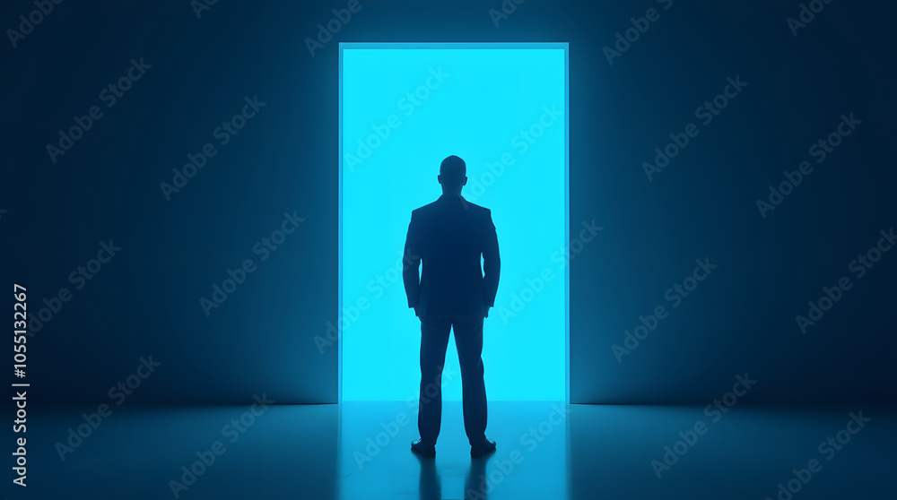 Silhouette of a businessman standing in front of a door with light coming through it Silhouette of a businessman standing in front of a door with light coming through it