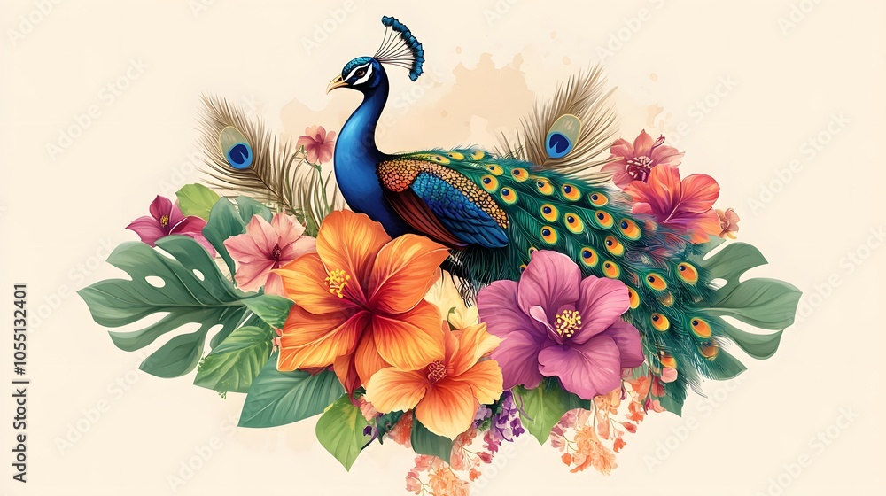 Fototapeta premium Vibrant peacock surrounded by exotic blossoms