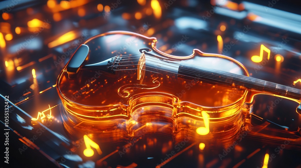 Glowing Glass Violin with Musical Notes Glowing Glass Violin with Musical Notes