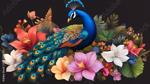 Vibrant peacock amidst tropical blossoms