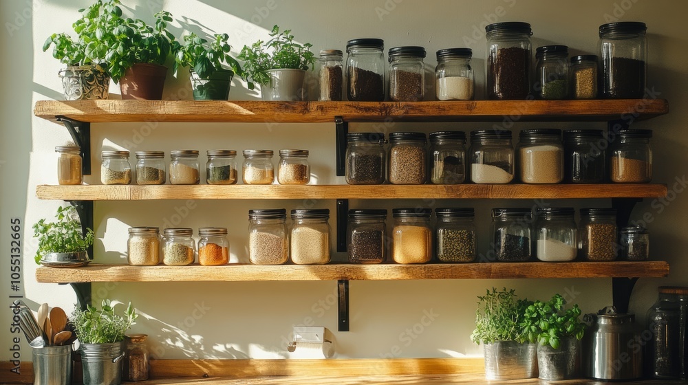 A rustic kitchen shelf with glass jars filled with spices and herbs. A rustic kitchen shelf with glass jars filled with spices and herbs.