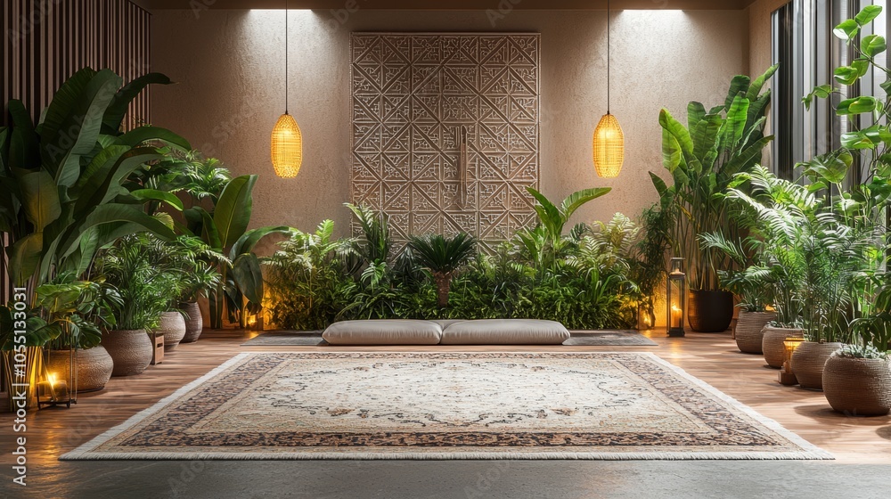 A serene, minimalist room decorated in an Asian style with potted plants, a rug, and two hanging lights. A serene, minimalist room decorated in an Asian style with potted plants, a rug, and two hanging lights.