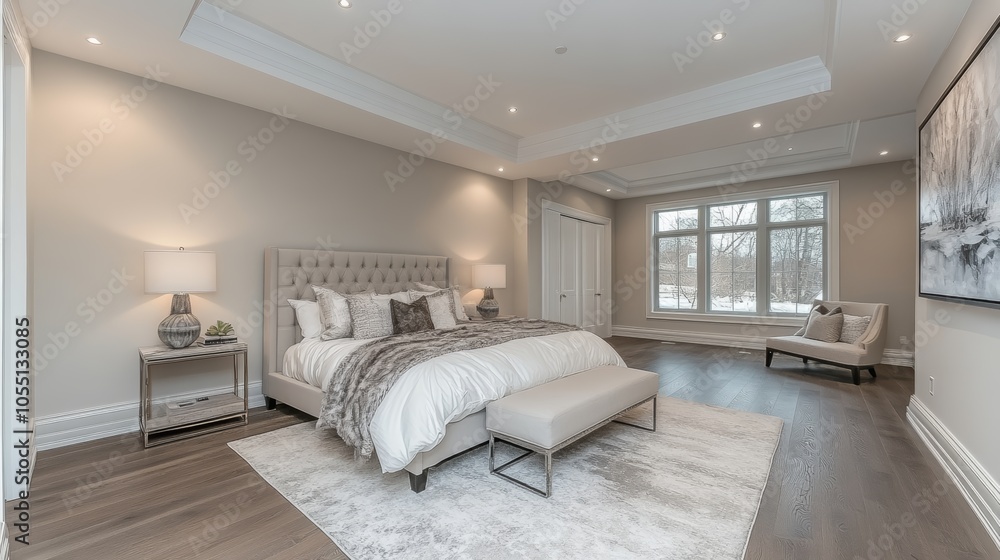 Fototapeta premium A spacious and luxurious bedroom with a king-sized bed, plush bedding, and a large window overlooking a wintery landscape.