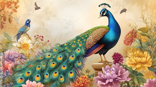 Vibrant peacock amidst blossoming flora and fauna