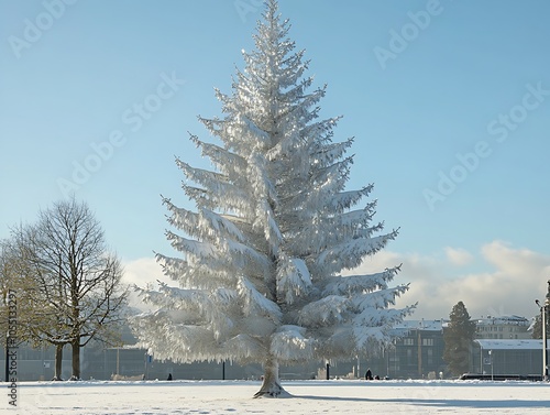 A shimmering silver Christmas tree standing tall against the snow at Basela??s M??nsterplatz during the holiday festivities photo