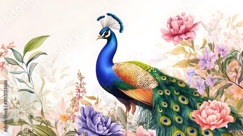 Colorful peacock amidst floral splendor