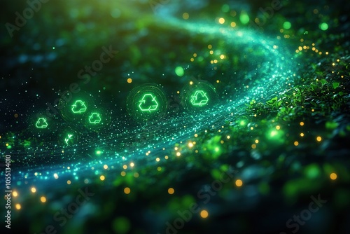 Glowing recycle symbols in a green forest.