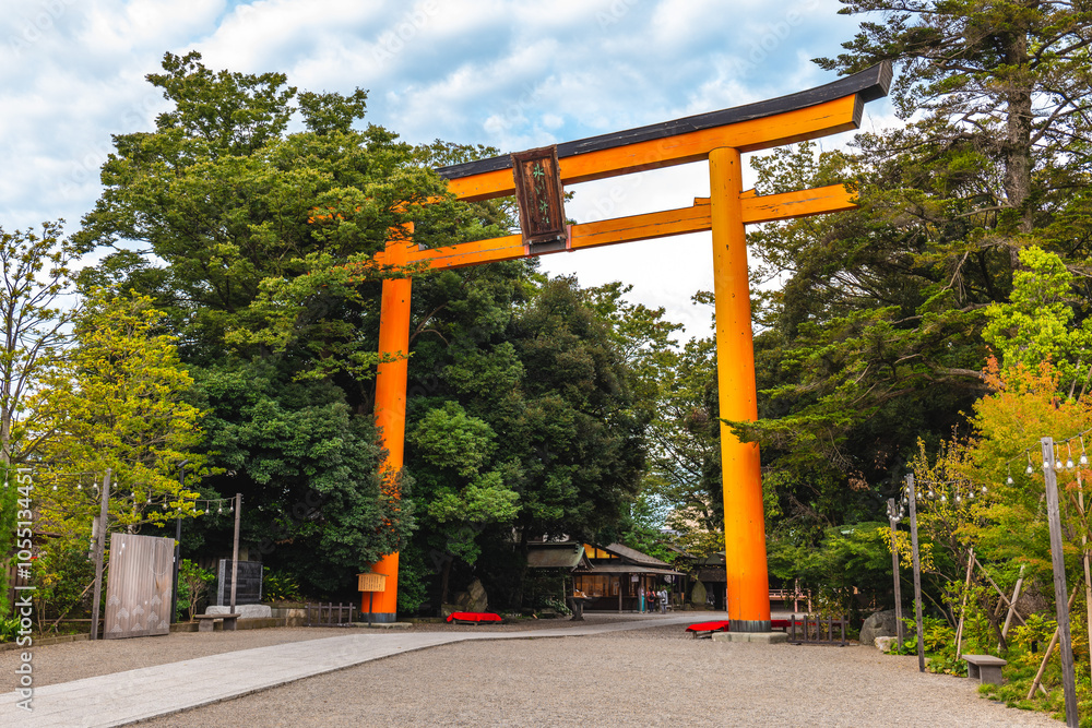 Torii gate of Hikawa Shrine, a Shinto shrine in Kawagoe, Saitama Prefecture, Japan. Torii gate of Hikawa Shrine, a Shinto shrine in Kawagoe, Saitama Prefecture, Japan.