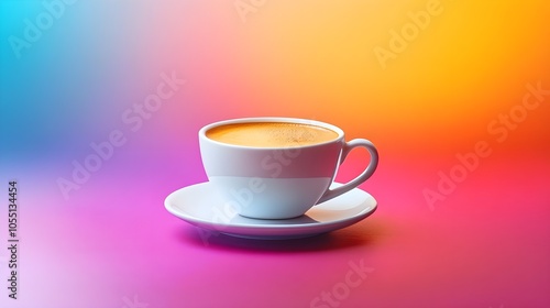Elegant cup of coffee with frothy crema, set against a bold color gradient background, vibrant and modern design