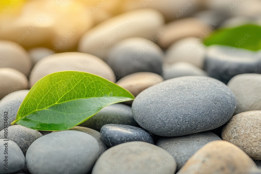 A close-up view of smooth pebbles adorned with green leaves, creating a serene and natural atmosphere. A close-up view of smooth pebbles adorned with green leaves, creating a serene and natural atmosphere.