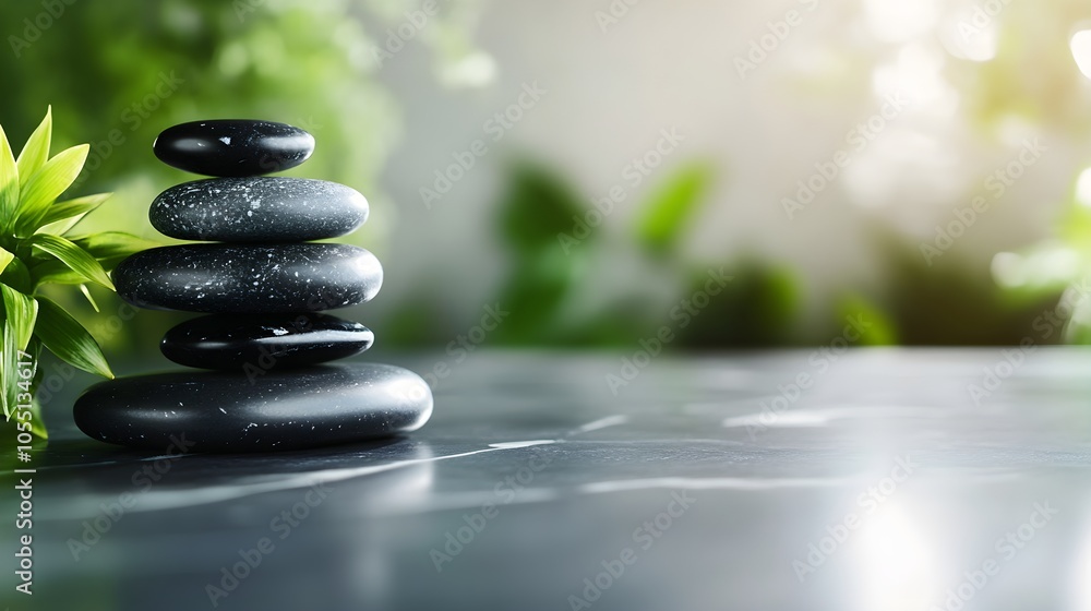 Balanced spa stones on grey marble, serene composition with soft shadows and elegant light reflection, capturing tranquility and mindfulness Balanced spa stones on grey marble, serene composition with soft shadows and elegant light reflection, capturing tranquility and mindfulness