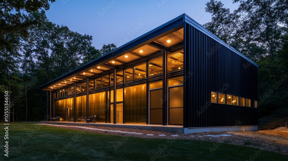 Obraz premium Modern Black House in Dusk's Embrace: A contemporary home with a sleek black exterior and expansive windows bathed in the warm glow of twilight, nestled amidst a lush green forest.