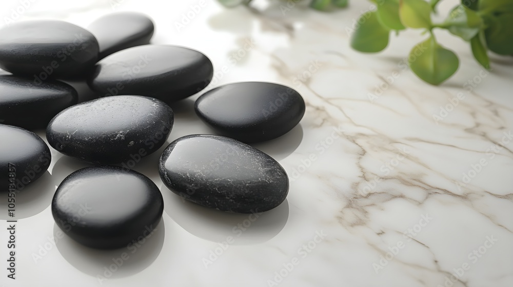 Black spa stones scattered across a white marble table, with delicate lighting, leaving space for text, perfect for wellness marketing and calming visuals Black spa stones scattered across a white marble table, with delicate lighting, leaving space for text, perfect for wellness marketing and calming visuals