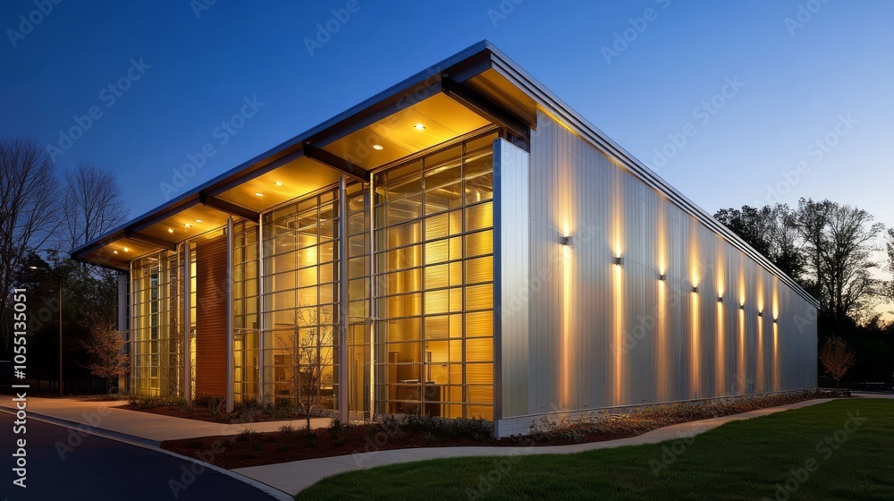 Modern Architectural Design: Evening view of a sleek, contemporary building with expansive glass windows and warm, inviting lighting. The structure exudes a sense of elegance and innovation. Modern Architectural Design: Evening view of a sleek, contemporary building with expansive glass windows and warm, inviting lighting. The structure exudes a sense of elegance and innovation.
