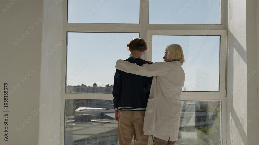 Sick depressed teenager boy standing next to window in despair and anxiety at hospital. Doctor embracing supporting encouraging little guy teenage boy by giving a hug from the back at clinic Sick depressed teenager boy standing next to window in despair and anxiety at hospital. Doctor embracing supporting encouraging little guy teenage boy by giving a hug from the back at clinic