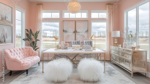 A stylish and modern home office with a pink color scheme and large windows. The room features a desk with a laptop