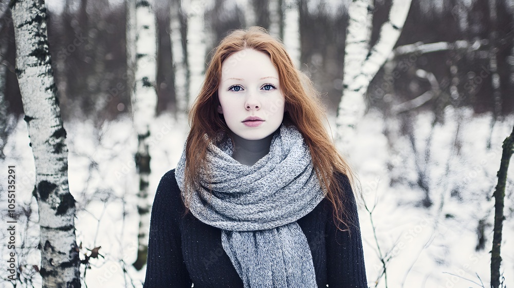 Young woman with red hair stands in snowy birch forest. Young woman with red hair stands in snowy birch forest.