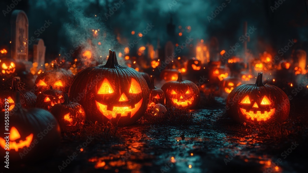 A spooky graveyard scene filled with glowing jack-o'-lanterns. A spooky graveyard scene filled with glowing jack-o'-lanterns.
