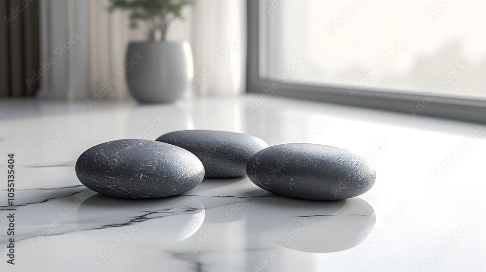 Clean, minimalist spa design with smooth stones placed on a polished white marble table, ample space for text, conveying relaxation and serenity Clean, minimalist spa design with smooth stones placed on a polished white marble table, ample space for text, conveying relaxation and serenity