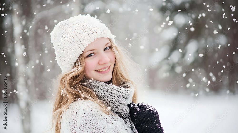 Smiling young woman in winter attire enjoys snowy day outdoors. Smiling young woman in winter attire enjoys snowy day outdoors.