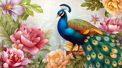 Vibrant peacock amidst blooming flowers