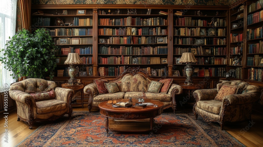 A traditional library with a large bookshelf filled with books, two armchairs, a sofa, and a coffee table. A traditional library with a large bookshelf filled with books, two armchairs, a sofa, and a coffee table.