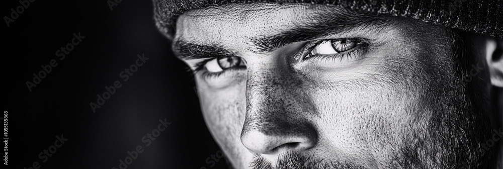 Black and white portrait of a handsome young man with a captivating gaze, highlighting his masculine features and intense expression Black and white portrait of a handsome young man with a captivating gaze, highlighting his masculine features and intense expression