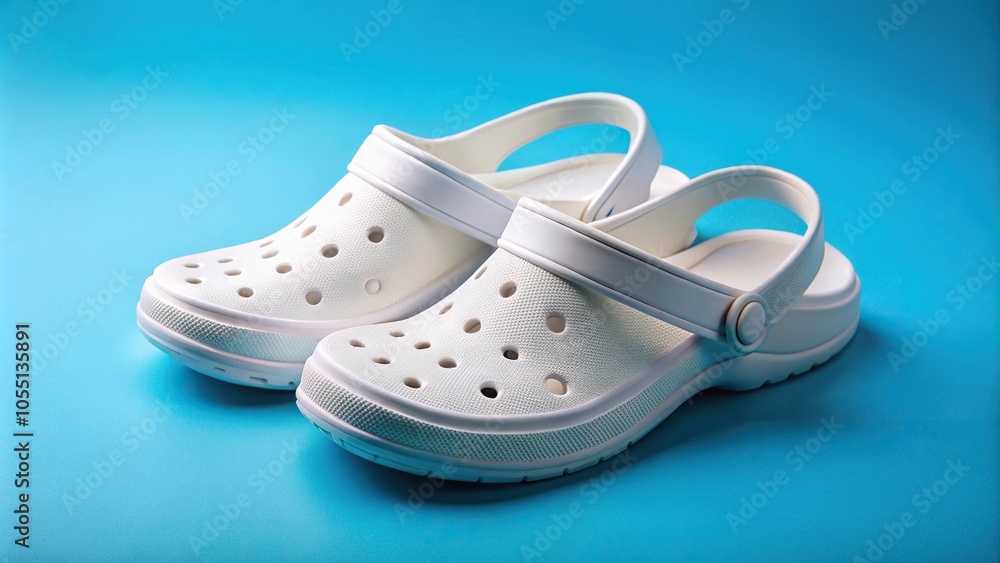 White rubber sandals with straps isolated on blue background White rubber sandals with straps isolated on blue background